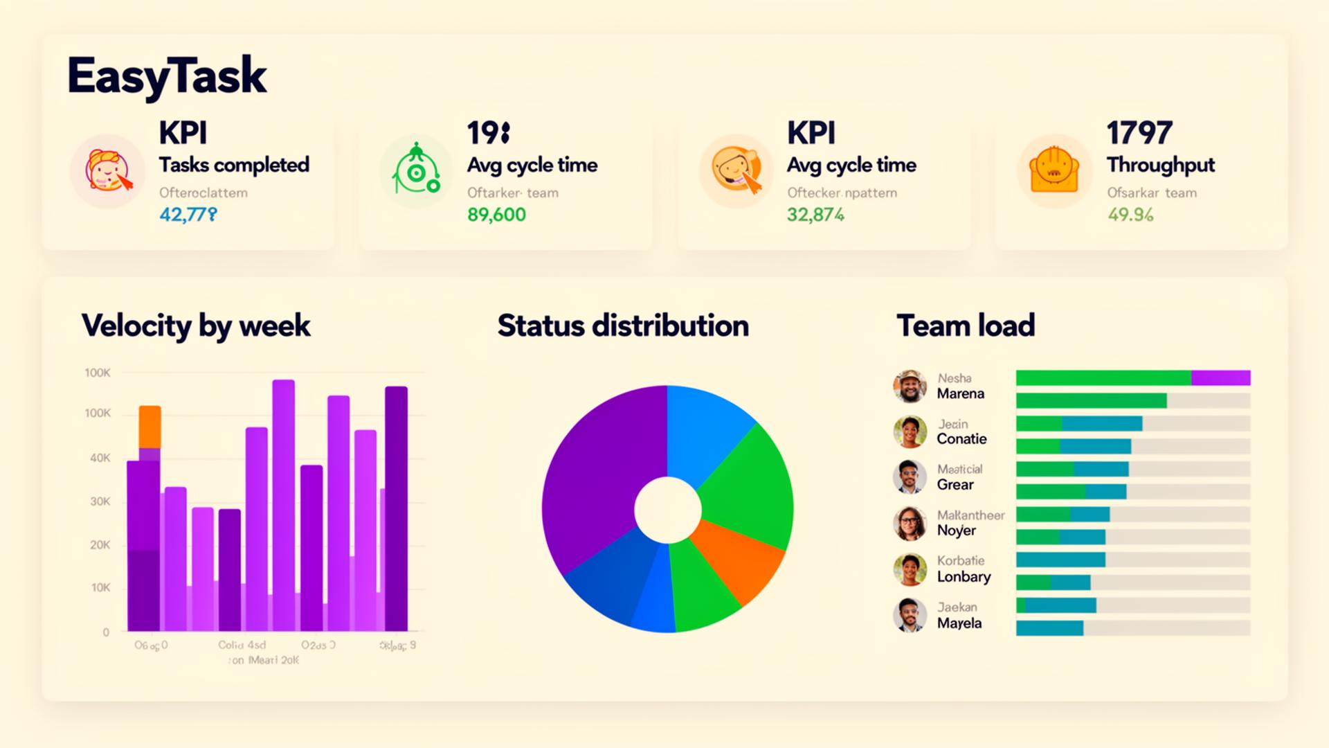 Analytics dashboard with velocity, status distribution, and team load charts