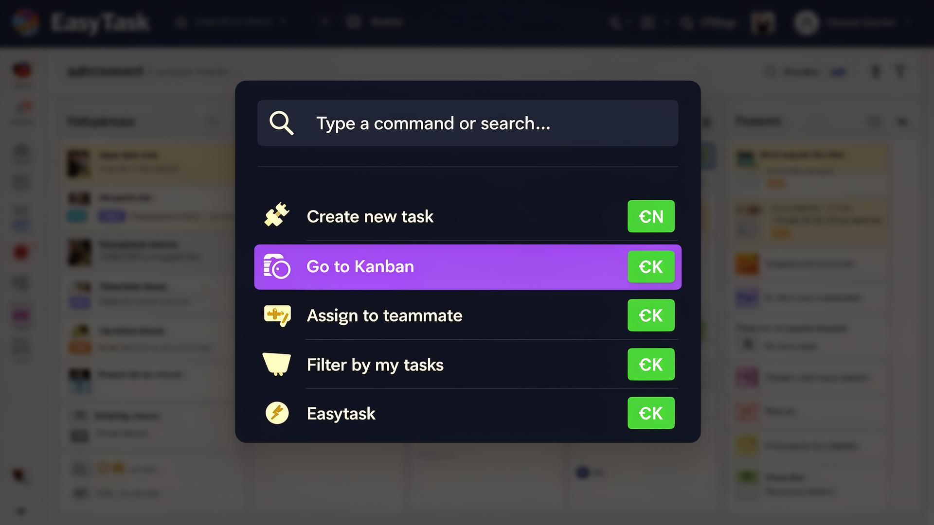Command palette with keyboard shortcuts overlay