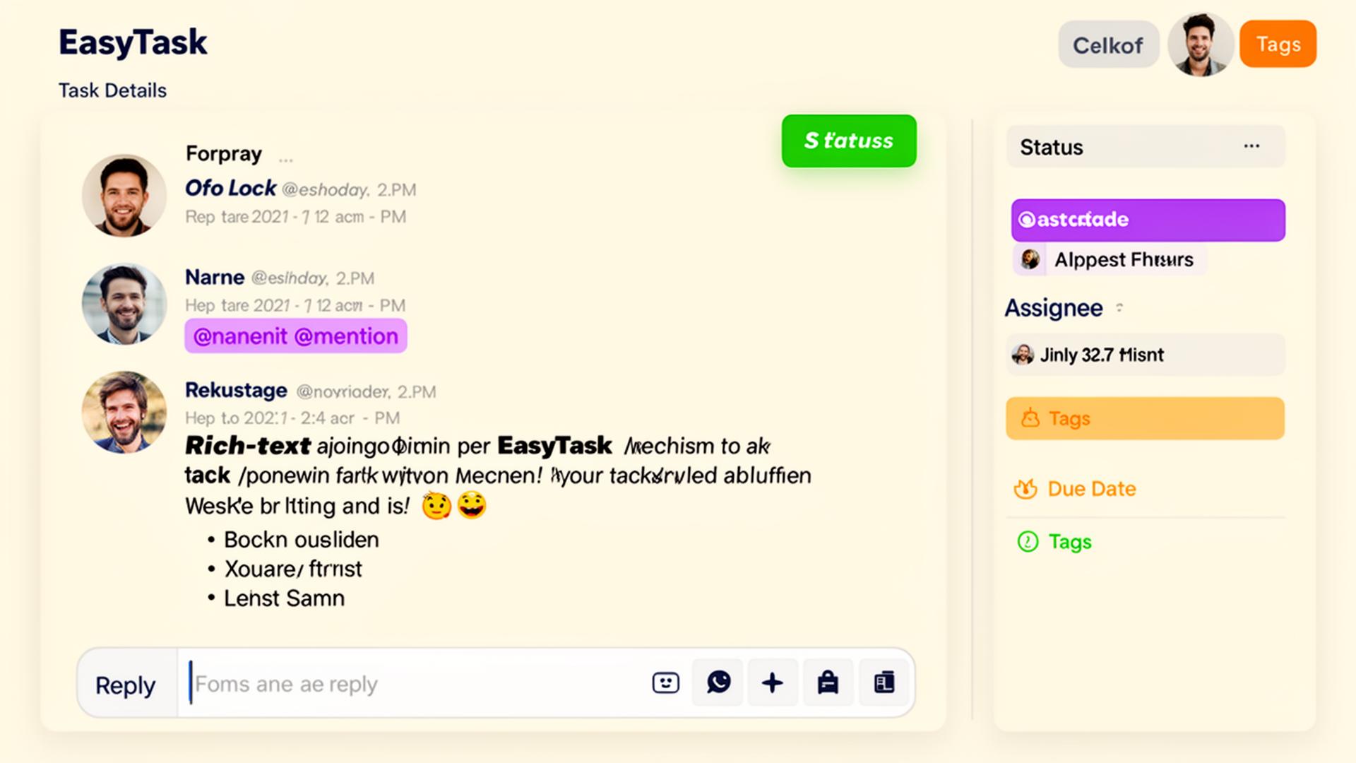 Threaded task comments with @mentions and rich text