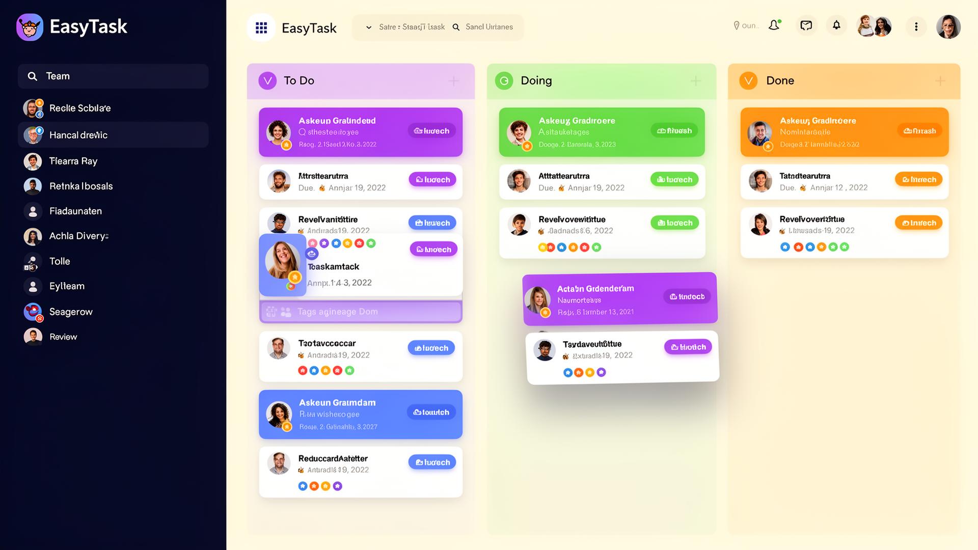 EasyTask kanban board with To Do, Doing, Review, and Done columns