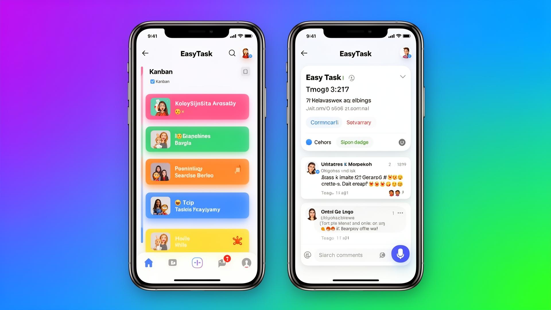 EasyTask mobile app with kanban and task detail views