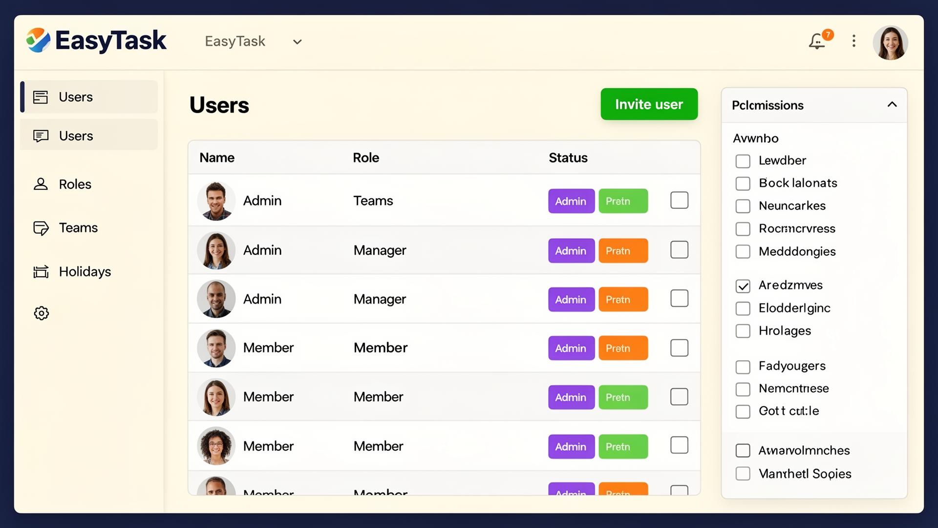 Admin panel with user roles, teams, and permissions