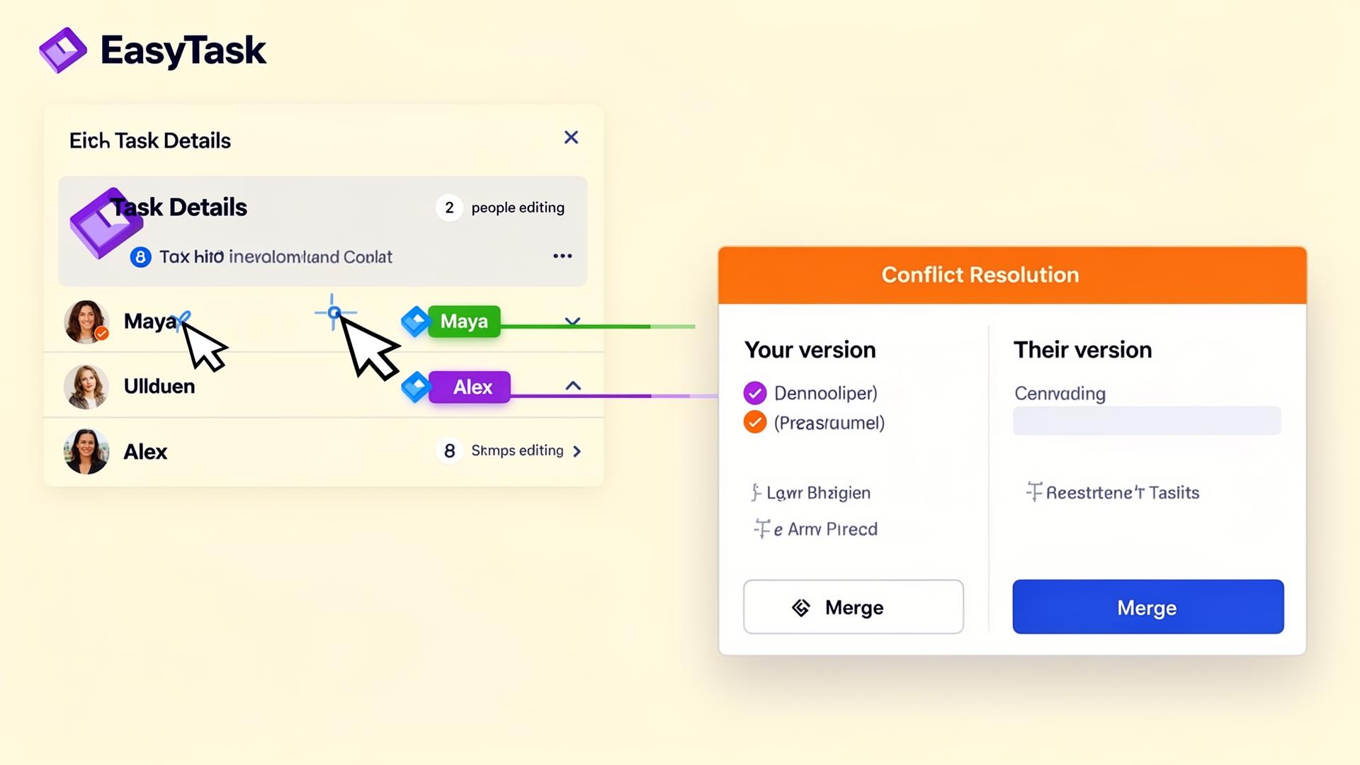 Real-time collaboration with live cursors and a conflict resolution dialog